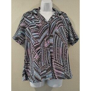 Donnkenny Shirt Womens M Button Short Sleeve Abstract Blue Purple Top
